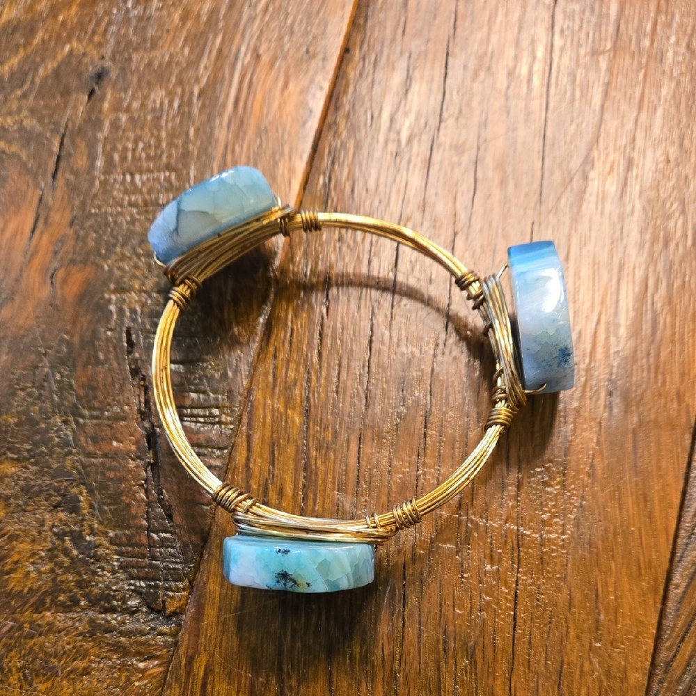 Gold Wire Wrapped Bracelet with Light Blue Stone Accents